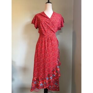 Boho cottage Red Floral Wrap Midi Dress Ruffle Flutter Sleeve XL flowy whimsi